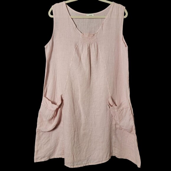 JS Millenium Womens Pink Linen Boho Beachy Lagenlook Shift Dress Pockets Medium - Picture 1 of 8
